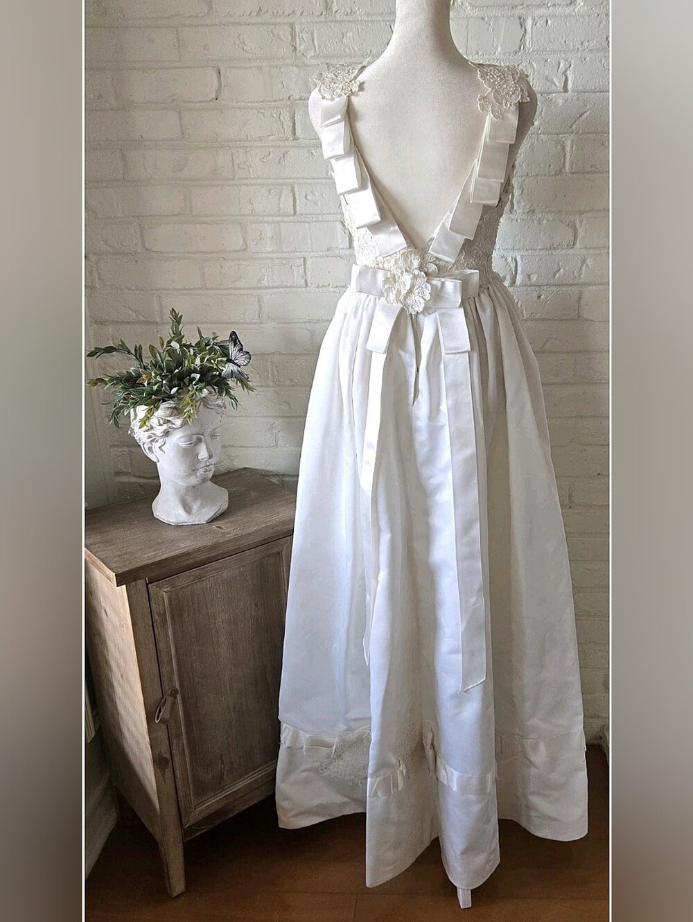 Vtg 90s Ron LoVece Silk Satin Wedding Gown, Flower Appliqué